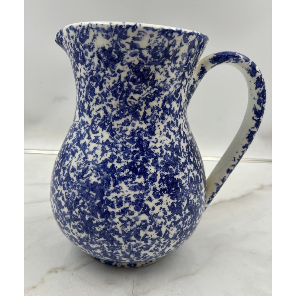 VTG Blue and White Spatterware Ceramic Pitcher Farmhouse Sponge Ware Jug